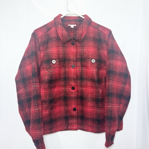 J. Jill Plaid Brushed Cropped Shacket Red Black Plaid XL Western‎ Rusticcore - Picture 1 of 13